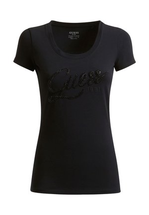 Zwart katoenen T-shirt met korte mouwen en een ronde hals, met een glanzend, met kralen bezet "Guess 1981" logo op de voorkant.
