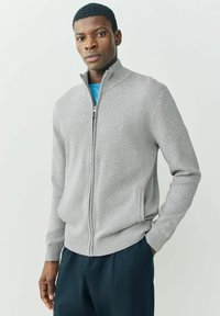 Grauer Reißverschluss-Pullover mit hohem Kragen, gerippten Manschetten und Saum, aus weichem Material. Verfügt über Seitentaschen und ist über einem blauen Hemd getragen.