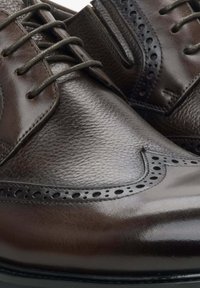 Brązowe skórzane buty z wzorem brogue, teksturowaną powierzchnią, spiczastym czubkiem i sznurowanym zapięciem z wentylowanymi akcentami.