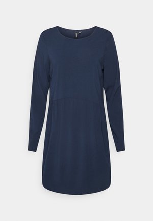 Vestido azul-marinho de mangas compridas com decote redondo, detalhe de cintura franzida e bainha até ao joelho; feito de tecido suave e leve.