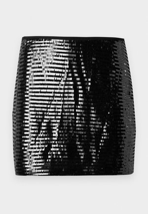 Black sequin mini skirt with a fitted silhouette. Composed of shiny metallic sequins arranged in rows, reflecting light. Edged with a solid black waistband.