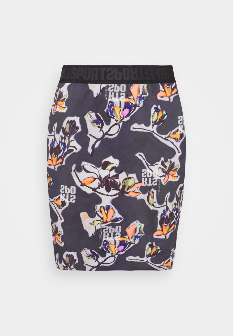 Falda con estampado floral que presenta un fondo oscuro, tejido elástico y una cinturilla elástica negra con detalles de logo. Textura suave.