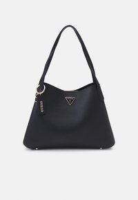 Sac fourre-tout synthétique noir à texture lisse. Comprend un logo triangulaire, des ferrures dorées et deux anses épaules.