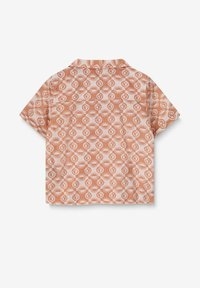 Korte mouwen overhemd met kraag in licht perzik, met een herhalend patroon van zonnen en handmotieven in creme, met een relaxte pasvorm.