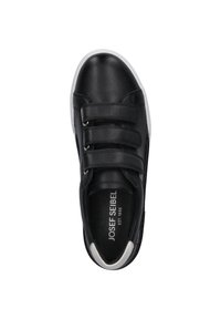 Sneaker in pelle nera con tre cinturini in velcro regolabili, suola in gomma bianca e rifiniture grigie intorno alla punta. Presenta il nome del marchio all'interno.
