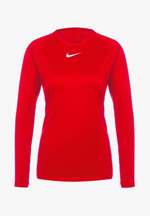 T-shirt de sport rouge à manches longues avec col rond et logo Nike Swoosh blanc centré sur la poitrine.
