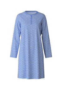 Vestito da notte blu con maniche lunghe, dotato di un collo henley con bottoni e un motivo a cuori bianchi su tutta la stoffa.