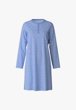 Blaues Nachthemd mit langen Ärmeln, das über einen geknöpften Henley-Ausschnitt und ein weißes Herzmuster im gesamten Stoff verfügt.