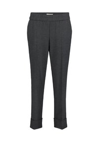 Dunkelgraue, maßgeschneiderte Hose mit elastischem Bund, schmaler Passform und umgeschlagenen Säumen für zusätzliche Details. Glattes Material mit dezenter Textur.