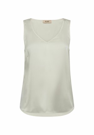 Varrukateta hele beež satiinist pluus V-kaelusega ja ümardatud hemiga, millel on väike silt kaeluse taga sisemisel küljel.