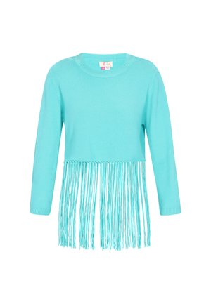 Pulover tricotat turquoise cu ciucuri lungi la tiv, decolteu rotund și mâneci până la trei sferturi. Textură moale, design casual.