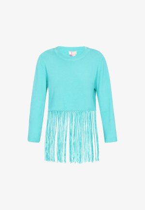 Pulover tricotat turquoise cu ciucuri lungi la tiv, decolteu rotund și mâneci până la trei sferturi. Textură moale, design casual.