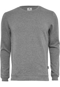 Grauer Langarm-Sweatshirt aus weichem Baumwoll-Mix. Verfügt über einen Rundhalsausschnitt, gerippte Bündchen und eine schlichte, unifarbene Textur ohne Muster.