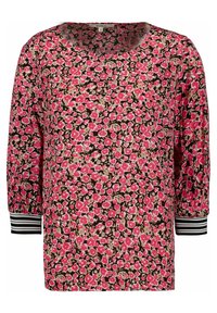 Damska bluzka z długim rękawem w różowo-beżowy kwiatowy wzór na czarnym tle, z elastycznymi mankietami w paski.