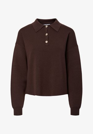 Hnědý pletený polokošilový svetr s límečkem, čtyřmi dekorativními knoflíky, dlouhými rukávy a žebrovanými manžetami. Hladká textura a krátký střih.