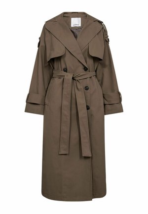 Trench coat maro din amestec de bumbac, cu față dublu pieptănată, rever larg, curea în talie și mansete cu nasturi.