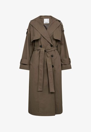 Trench coat maro din amestec de bumbac, cu față dublu pieptănată, rever larg, curea în talie și mansete cu nasturi.