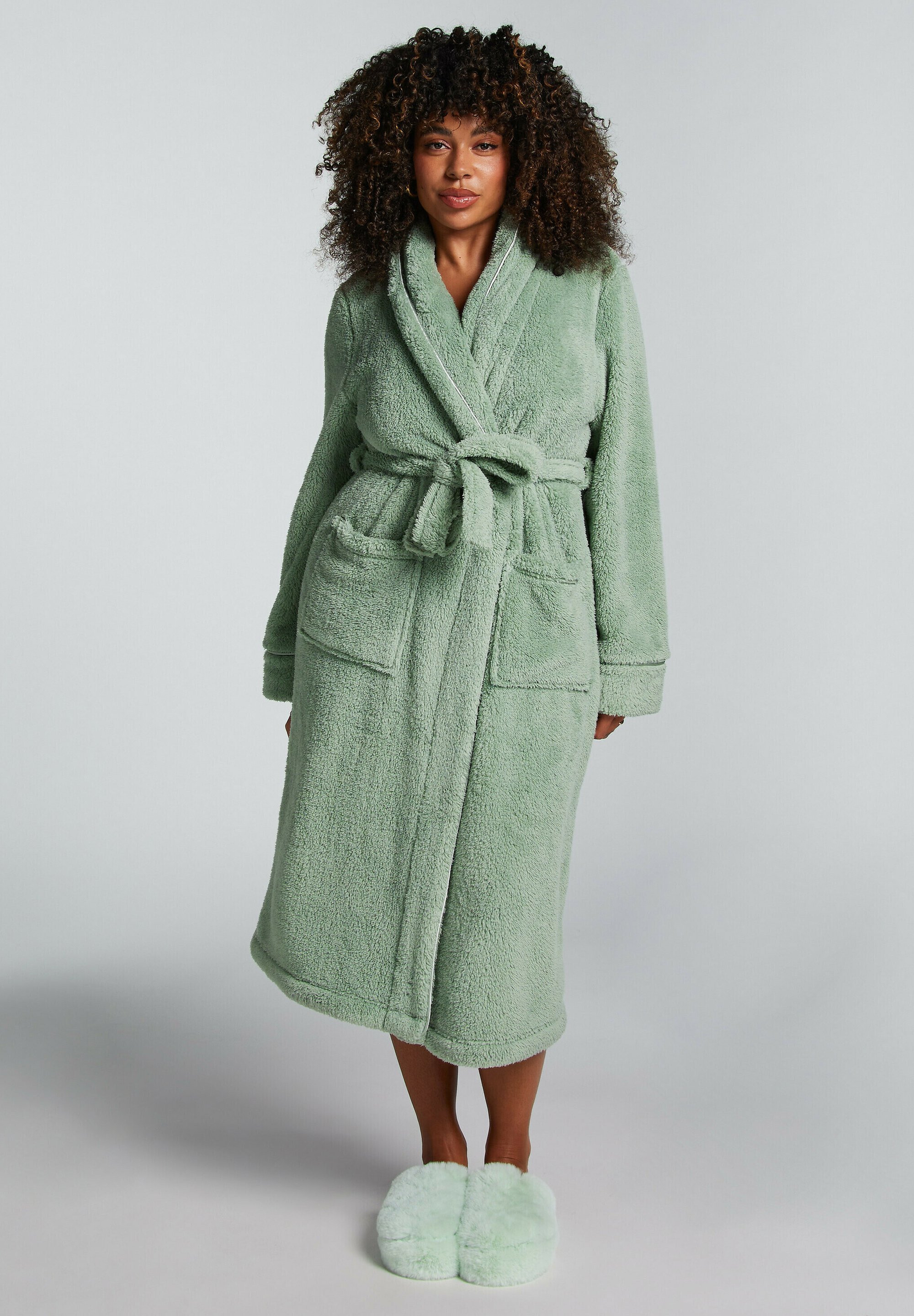 green dressing gown Sage Striped Fleece Dressing Gown main image 0