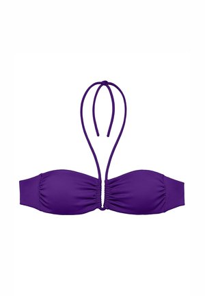 Haut de bikini violet sans bretelles avec des bonnets froncés et de fines sangles autour du cou attachées au centre devant.