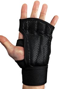 Fingerløs sort handske lavet af tekstureret materiale med forhøjede buler, der har et støttende håndledsrem for stabilitet og komfort.