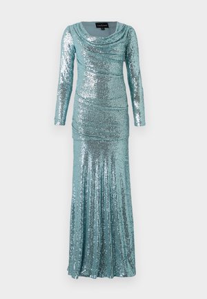 Robe teal à manches longues avec un col drapé, ornée de sequins sur toute sa surface, avec des détails froncés et une silhouette ajustée qui s'épanouit en bas.