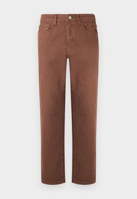 Pantaloni in denim marrone con design a gamba dritta. Le caratteristiche includono una chiusura laterale con bottone, due tasche laterali e dettagli di cucitura minimi.