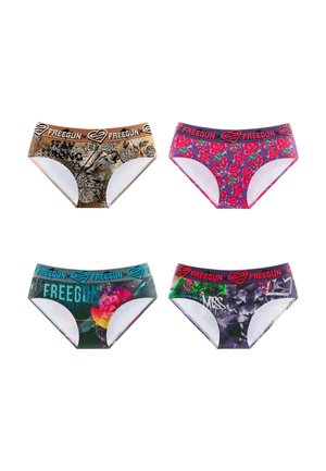 Quatre paires de culottes féminines colorées avec des motifs distincts : fleurs marron, roses roses, graphique abstrait bleu et design graffiti violet.