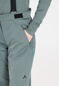 Gröna vattentåliga skidbyxor med justerbara hängslen, sidofickor och en svart logotyp nära fållen, som visar en slät och funktionell design.