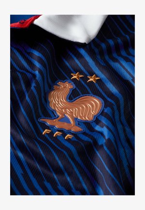 Niebiesko-czarna prążkowana sportowa koszulka z emblematem złotego koguta, nad którym znajdują się dwie gwiazdy, a poniżej trzy litery, w pobliżu białego kołnierza.