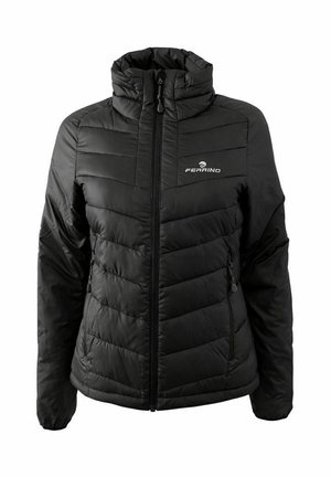 Schwarze wattierte Jacke mit hohem Kragen, Frontreißverschluss, seitlichen Reißverschlusstaschen und weißem "Ferrino"-Logo auf der Brust.