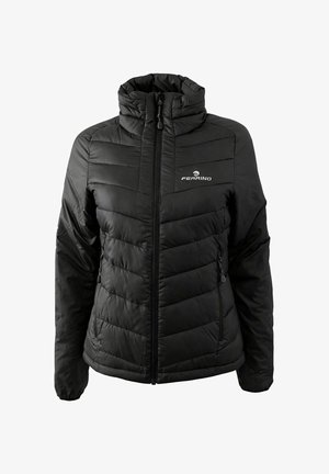 Schwarze wattierte Jacke mit hohem Kragen, Frontreißverschluss, seitlichen Reißverschlusstaschen und weißem "Ferrino"-Logo auf der Brust.