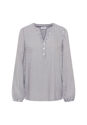 Blouse rayée blanche et marine, dotée d'un col en V, d'une patte de boutonnage et de manches longues à volants avec des poignets élastiques. Texture de tissu douce.