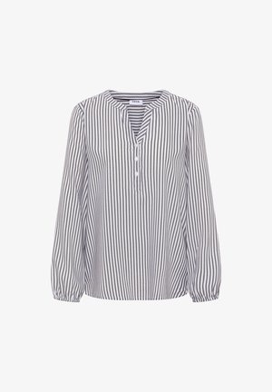 Koszula w paski w kolorze białym i granatowym, z dekoltem w serek, zapięciem na guziki oraz długimi rękawami z bufkami i elastycznymi mankietami. Miękka tekstura materiału.