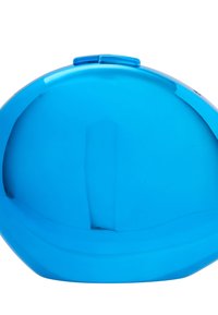 Mėlynas, blizgus, kupolo formos indas su lygiu paviršiumi ir paprastu mygtuko uždarymu viršuje. Nėra matomų raštų ar furnitūros.