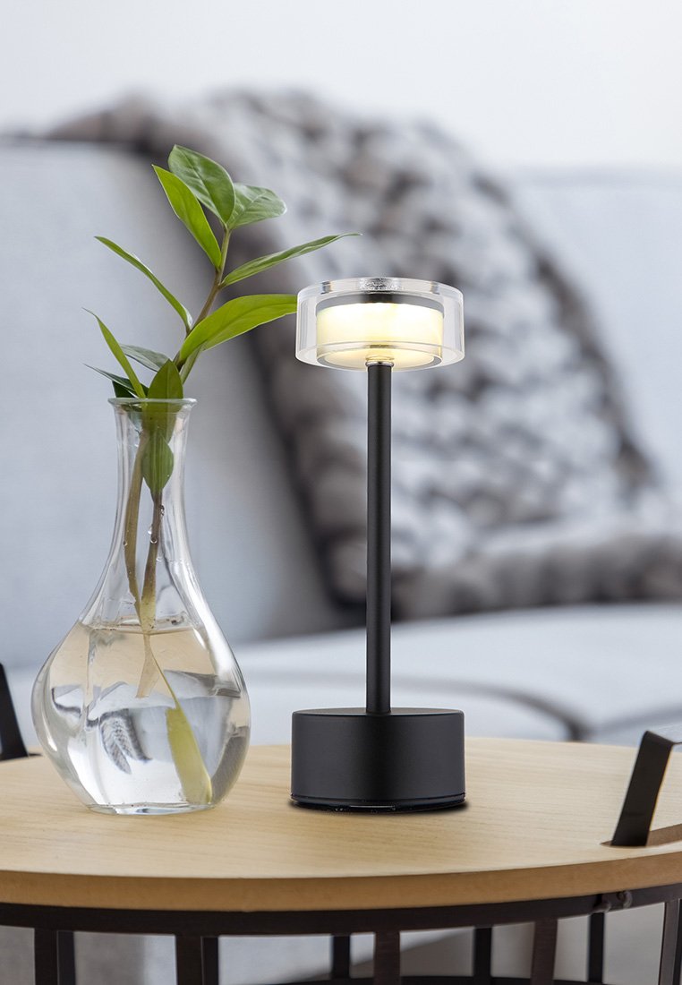 Schwarze Metall-Tischlampe mit einem zylindrischen, transparenten Schirm und integriertem Licht. Glasvase mit grünen Blättern auf einem Holztisch.