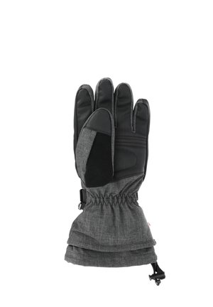 Zwarte leren en grijze stoffen winterhandschoen met een gestructureerde afwerking, verstelbare polsband en gather aan de manchet voor een goede pasvorm.