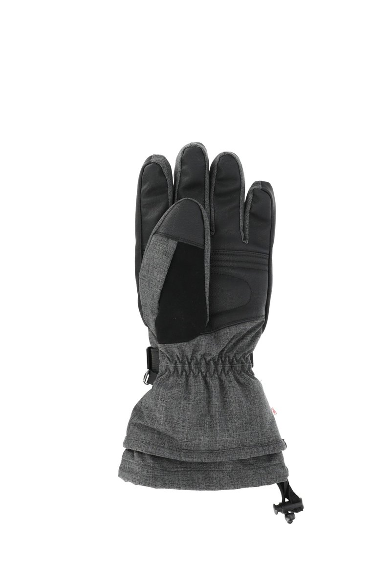 Guanto invernale in pelle nera e tessuto grigio con finitura texture, cinturino regolabile al polso e polsino arricciato per una vestibilità aderente.