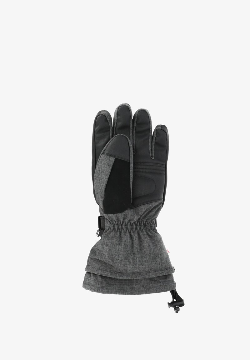 Gant de hiver en cuir noir et tissu gris avec une finition texturée, sangle de poignet ajustable et poignet froncé pour un ajustement parfait.