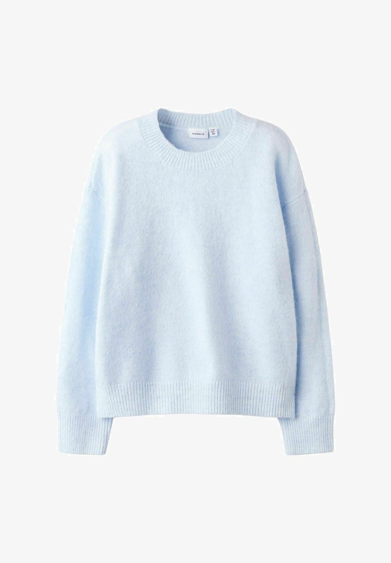 Pull bleu clair au toucher doux, col rond, avec des poignets et un ourlet côtelés. Il présente une coupe décontractée et des manches surdimensionnées.