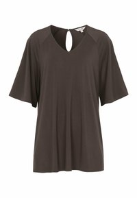 Korte mouwen brown top gemaakt van zachte stof met een V-hals en een sleutelgaatje aan de achterkant. Ontspannen pasvorm met gedrapeerd ontwerp voor comfort.