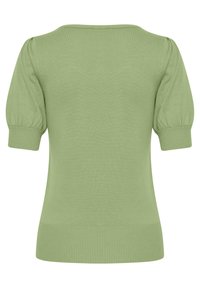Lysegrøn kortærmet sweater med ribsøm og pufærmer. Glat tekstur og tætsiddende design med rund halsudskæring.