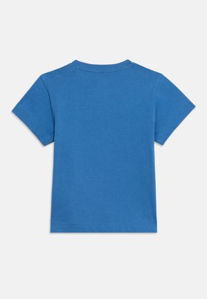 T-shirt en coton bleu à manches courtes, vu de dos, avec un col rond et une couture simple.