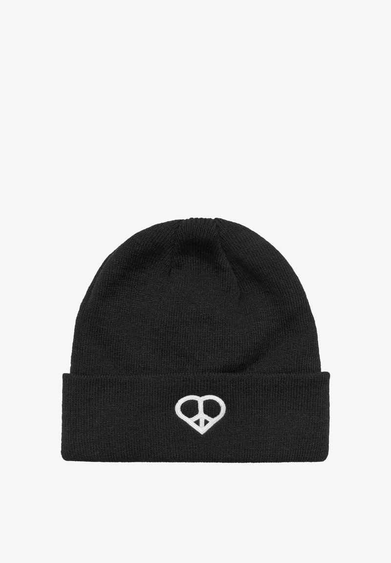 Fekete kötött sapka hajtott szegéllyel. Elöl fehér hímzett szív és béke szimbólum látható. Sima textúra, letisztult dizájn.