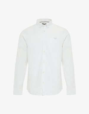 Biała koszula z długim rękawem, wykonana z teksturowanej tkaniny. Posiada klasyczny kołnierzyk oraz małą emblemat na lewej piersi.