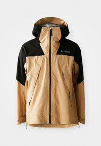Veste imperméable beige avec des accents noirs, dotée d'un col haut, d'une capuche réglable, d'une fermeture éclair à l'avant et de poches latérales. Texture lisse.