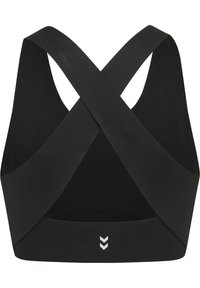 Svart sport-bh med kryssad design på ryggen. Tillverkad av ett mjukt tyg med ett brett underband som har tre vita chevronränder.