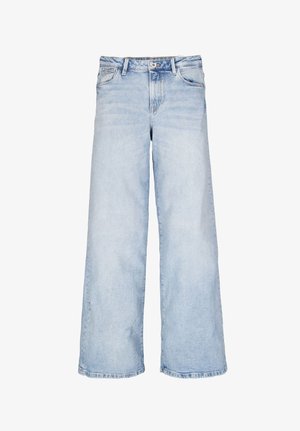 Hellblaue, weit geschnittene Jeans mit Frontknopf und Reißverschluss, Gürtelschlaufen und Vordertaschen.