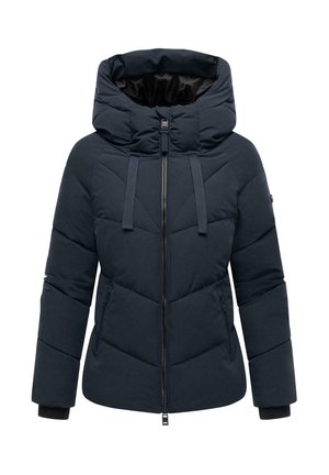 Marineblaue Steppjacke mit hohem Kragen, Frontreißverschluss, schrägen Nähdetails und schwarzen Bündchen. Mit abnehmbarem Kapuze.