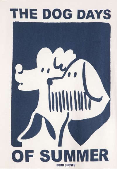 Deux chiens blancs stylisés tournés vers la droite à l'intérieur d'un carré bleu foncé avec le texte "LES JOURS CANICULAIRES D'ÉTÉ" au-dessus et en-dessous.