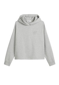 Grijze cropped hoodie van zachte stof, met een grote capuchon, lange mouwen en een subtiele logo aan de voorkant. Eenvoudig, schoon ontwerp.